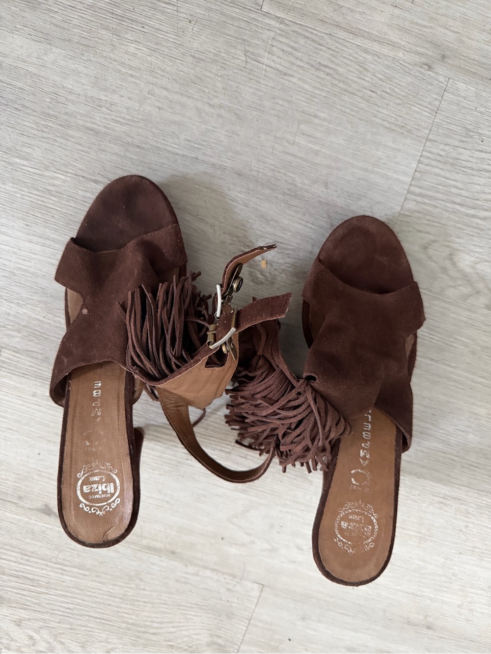 Fringed Brown Suede Open-Toe Heels with Ankle Strap